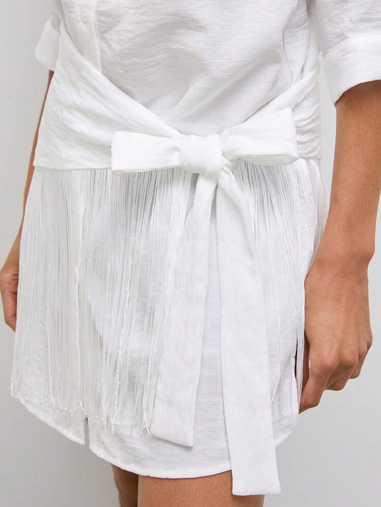 SHEIN Maija Women's Textured Solid Color Single-Breasted Cover Up&Tassel Hem Tie Waist Skirt Two Pieces Set,All White,Summmer,Chic,Brunch,Autumn Holiday Outfits