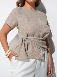 Maija Plus Size Casual Top Office Formal Wear, Waist Pleated Bow Knot, Elegant Wedding Guest, French Luxury Autumn Outfit Back To School Clothes Halloween - Beige - View 7