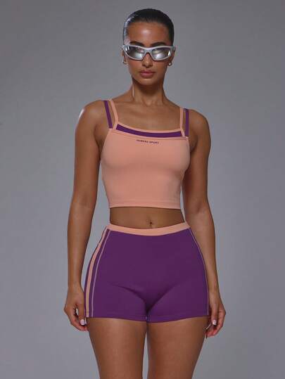 Musera Sport Double Layered Contrast Colour Straight Neck Panelled Fitted Active Tank Cami Top Coord Top Only Gym Active Sports Pilates Running Cute Girly Daily Everyday Slowburn