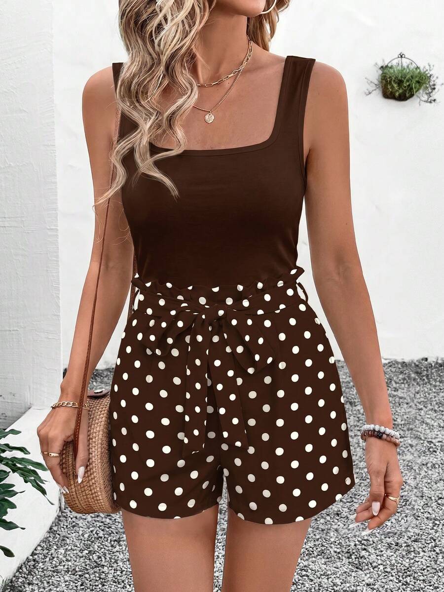 SHEIN LUNE Women's Vacation Casual Vintage Solid Color Tank Top And Polka Dot Print Shorts 2-Piece Set, Summer Outfits Chocolate Brown Brown Polka Dot - Multicolor - View 1