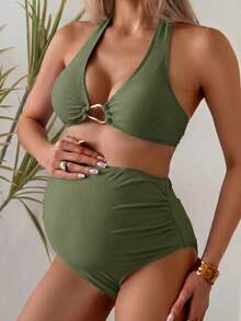 Swim Vcay Maternity Beach Vacation Solid Color Halter Bikini Set - Green - View 4