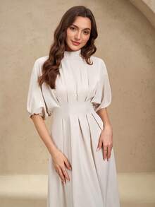 Rafferiza Elegant Round Neck Loose Solid Color Lantern Sleeve Fitted Waist Pleated Long Dress For Women - Khaki - View 4