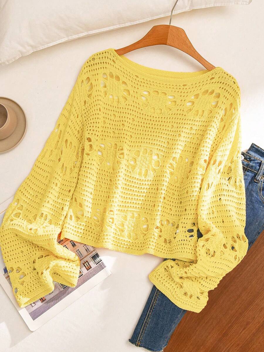 CosyJoli Áo len nữ dáng rộng, chất liệu móc rỗng, màu vàng, tay dài, thích hợp cho mùa xuân/hè, mặc ở nhà và đi nghỉ mát. - Màu vàng - Xem 1