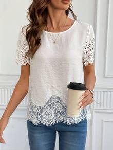 SHEIN Clasi Áo kiểu ren thanh lịch dành cho nữ, thích hợp cho kỳ nghỉ. - Màu be - Xem 3
