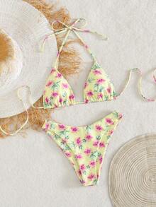 SHEIN Swim 2026春夏新款花卉印花性感露背掛脖綁帶比基尼兩件式泳衣套裝 - 淡黃色 - 查看 3