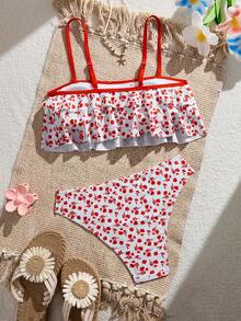 Swim Mod Set Baju Renang Tankini Wanita Motif Bunga dengan Hiasan Ruffle di Bagian Bawah - Red and White - View 2