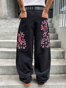 GALLERY FADE Quần jean denim đen thêu họa tiết phong cách đường phố thường ngày dành cho nam giới - màu đen - Xem 3