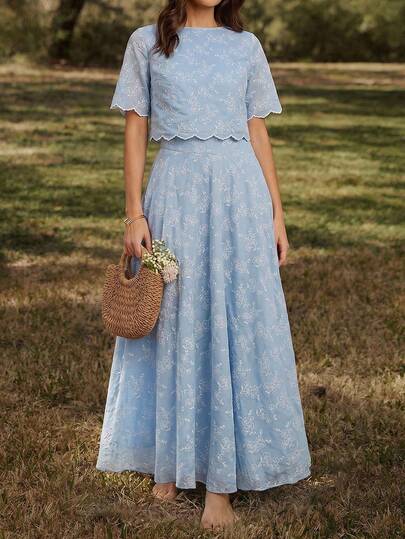 Amorya Women's Spring/Summer New Elegant High-End Embroidered Blouse & A-Line Skirt 2-Piece Set