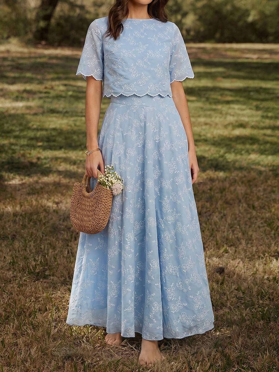 Amorya Women's Spring/Summer New Elegant High-End Embroidered Blouse & A-Line Skirt 2-Piece Set - Blue and White - View 1