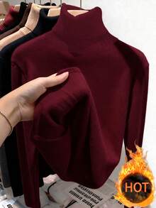 SHEIN Clasi Plus Size Solid Color Turtleneck Warm Long Sleeve T-Shirt, Fashionable For Autumn/Winter Fall - Burgundy - View 2