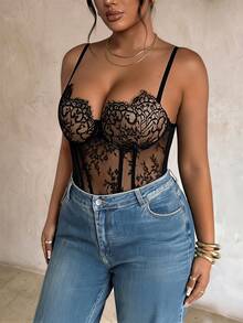 Firerie Plus Size Sexy Sheer Lace Camisole Elegant Lace Summer Vacation Going Out Bodysuit Party Bodysuit Independence Day Outfits Elegant Bodysuit For Women - Black - View 5