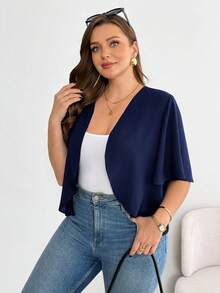 Basic Black Short-Sleeved Cardigan, Versatile And Comfortable For Everyday Wear, Plus Size Women's Casual Fashion, Summer Coats, Going-Out Blouses, Office Wear, Vacation Wear - 藏蓝色 - 查看 5