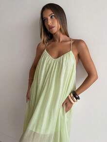 Aloruh Women's Solid Color Backless Spaghetti Strap Dress, Vacation - Green - View 4