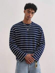 TOKVUE Men's Minimalist Striped Embroidered T-Shirt - Royal Blue - View 3
