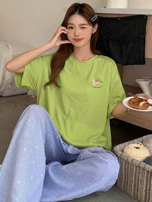 DAZY 2件套女士可爱木马印花上衣和格子彩色波点睡裤，夏季家居服套装 - 綠色 - 查看 3