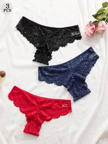 Snug Zone 3件組女款蕾絲飾邊比基尼內褲，優雅舒適內衣 - 彩色 - 查看 4