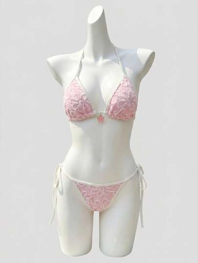 ROMWE Women's Summer Beach Sweet Cute Halter Tie Pink Floral Textured + Cream Yellow Contrast Trim + Side Tie Triangle Bottom Two Pieces Bikini Set, Suitable For Spring Break, Autumn Festivals & Vacations.Kawaii Bikini Set, Pink Floral Bikini, Triangle Tie Side Bikini.Cute Pink Bikini For Teen Girls, Aesthetic Kawaii Swimwear, Coquette Floral Bikini, Pastel Pink Beachwear