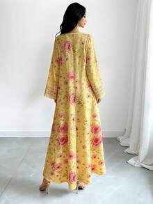 SHEIN Najma 碎花V领长袖连衣裙，优雅高贵的时尚装扮，雪纺长款连衣裙，带领，适合春夏穿着。 - 彩色 - 查看 2