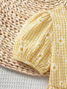 SHEIN LMoss Kids Young Girl Casual Solid Color Crew Neck Short Sleeve Pullover Top - Yellow - View 3