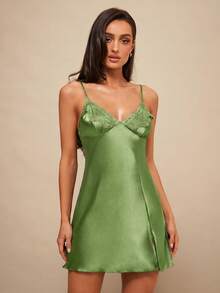 Silquee Women's Solid Color Lace Patchwork Camisole Dress And Long Sleeve Robe Pajama Set - Olive Green - View 8