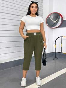 SHEIN Essnce Plus Size Women High Waist Casual 3/4 Length Pants, Suitable For Daily Wear And Vacation - Army Green - View 4
