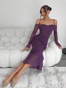 SHEIN Đầm nữ thanh lịch in họa tiết lưới vai trễ không tay - Màu tím - Xem 1