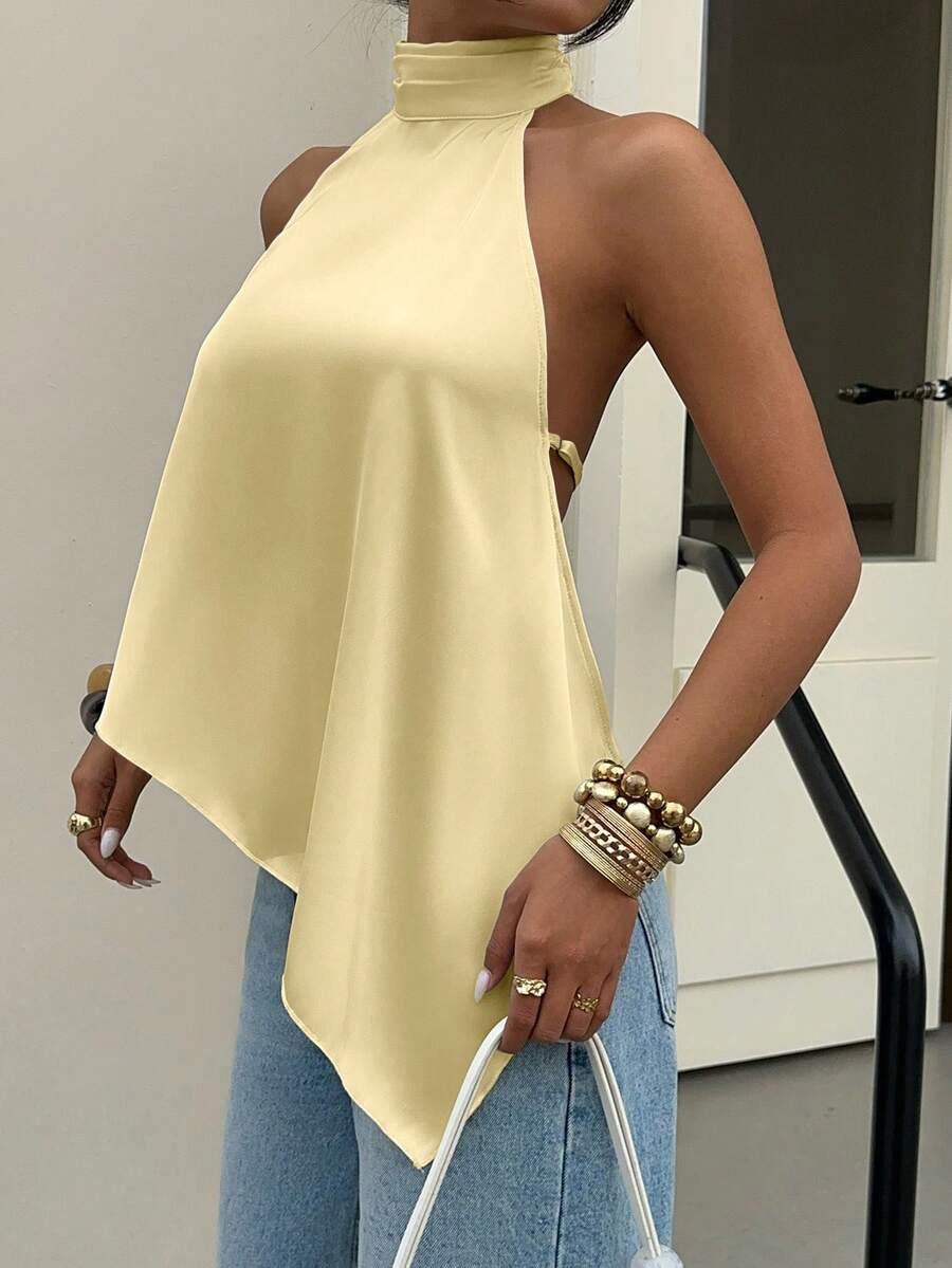 Siren Gaze Atasan Tank Top Wanita Elegan Tanpa Punggung Model Kamisol Satin, Musim Panas - Kuning muda - View 1