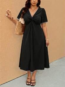 Melodosi Casual Minimalist Black Solid Color Seashell Embellished Dress, Suitable For Summer Music Festivals And Vacations, Plus Size - Black - View 2