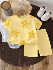Set de 2 piezas de camiseta de verano para niñas, estilo casual y versátil, camiseta con estampado floral de cuello redondo combinada con shorts amarillos cómodos, estilo casual dulce y relajado, adecuado para salidas diarias o uso de vacaciones de las niñas - Multicolor - Ver 7