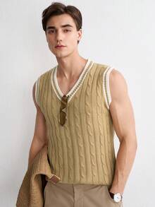 Manfinity Homme 男士撞色滚边针织背心 - 卡其色 - 查看 6