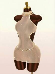 Amplova Women's One-Piece Swimsuit Cover Up, Halter Backless Mini Tight Sheer Sexy Avant-Garde For Swimwear Y2K Summer Festival Club Nightout Party Silver - Gold - View 3