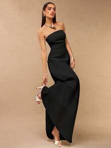 Silquee Women's Elegant Party Solid Color Bandeau Top And Pleated Skirt 2-Piece Set - Black - View 6