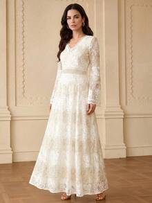 ZEYLAH Vestido con cuello en V, contraste de encaje y mangas acampanadas - Blanco - Ver 5