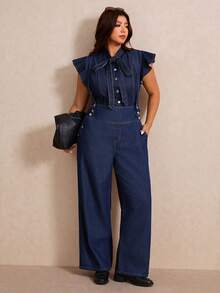 Elaquor Áo sơ mi denim mùa hè thanh lịch dành cho nữ cỡ lớn, kiểu dáng xếp nếp, tay áo bèo nhún, cổ buộc dây, eo thon. - Màu be - Xem 8