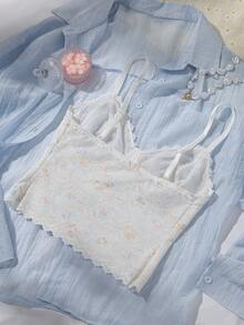 Myrelith French Floral Lace Camisole Bra, Fashionable Thin Seamless Wireless Undershirt - White - View 2