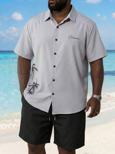 ResortEase Men's Plus Size Summer Holiday Letter & Palm Tree Printed Short Sleeve Shirt And Shorts Casual Set, Men Vacation Outfit, Cozy Outfits