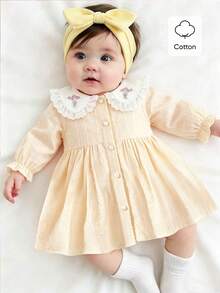 SHEIN Infant Girls' Elegant Cute Sweet Embroidered Ruffle Collar Jacquard Fabric Long Sleeve Cotton Dress, Suitable For Daily Wear Photoshoot And Party - Yellow - View 2