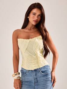 Top corto de mujer de color amarillo albaricoque con textura, estilo corset, top tubo sin mangas, para usar en primavera/verano - Albaricoque - Ver 5