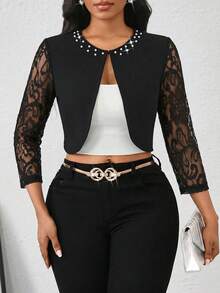 SHEIN Lady Women's Elegant Lace Patchwork Sheer Long Sleeve Lightweight Cropped Jacket With Faux Pearl Decor, Suitable For Spring, Summer And Autumn, Versatile For Work And Commute - Black - View 3