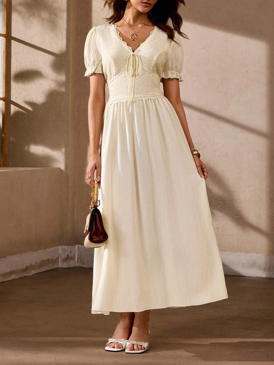 Selenza Đầm ren gợi cảm tay ngắn xếp ly eo thon kiểu Pháp lãng mạn sang trọng, thích hợp đi biển, nghỉ mát, đi làm, mùa hè, kiểu mới. - Màu be - Xem 1