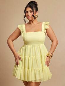 Gossip Girl X SHEIN SHEIN BAE Plus Size Women's Yellow Summer Cute Casual Sexy Multi-Layer Lace-Up Backless Mini Dress,Vacation Wedding Guest Curve,Elegant Graduation Formal - Yellow - View 4