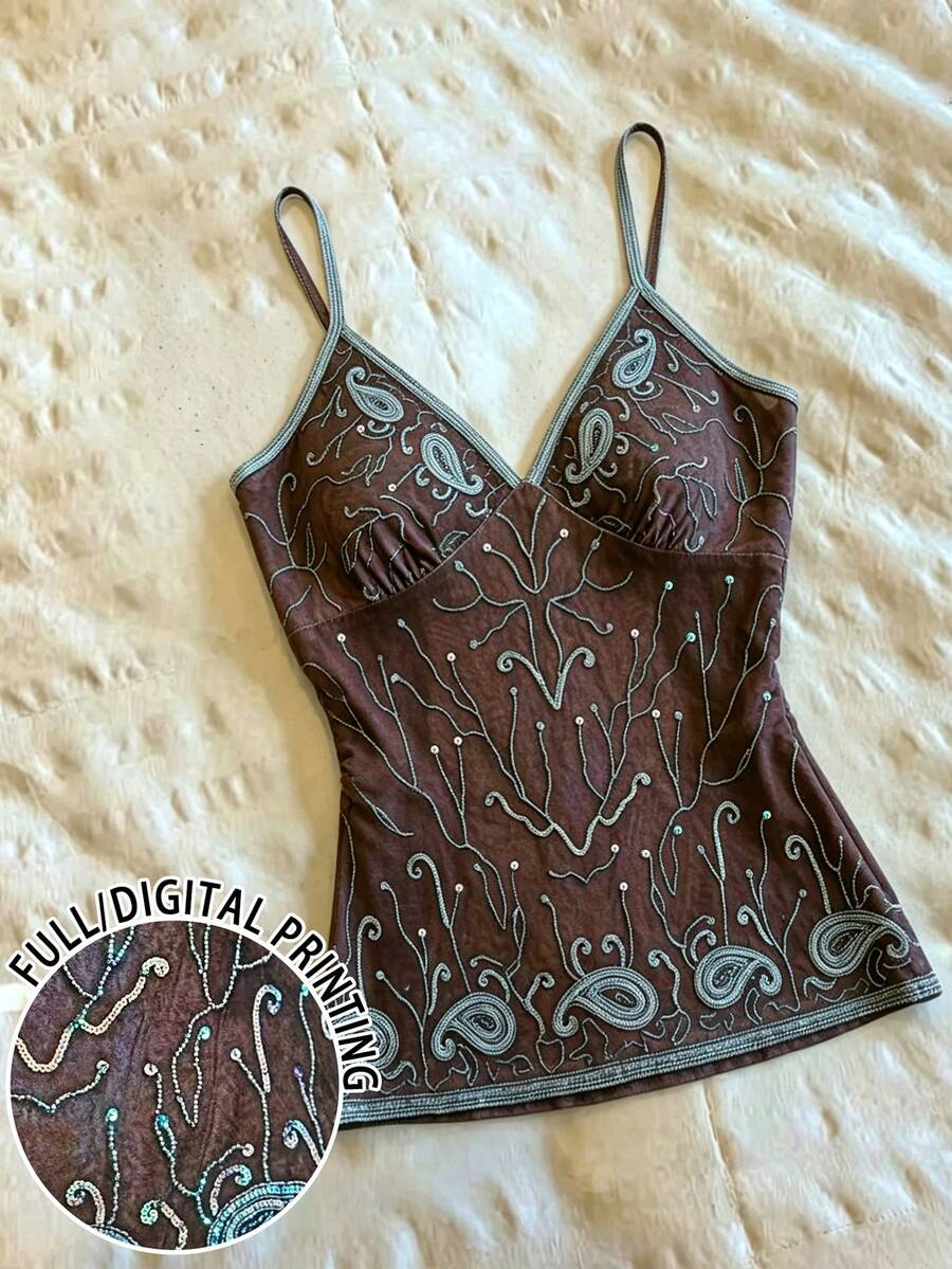 Franclia Women's Retro Y2k Sexy Boho Bohemian Style Paisley Floral Print Camisole Top Going Out Brown And Blue Summer - Multicolor - View 1