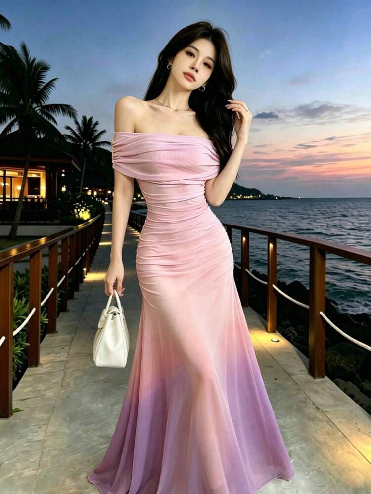 Modelyn Đầm maxi trễ vai xếp ly in họa tiết ombre, đầm dài trễ vai thắt eo dáng đuôi cá cho nữ, đầm maxi chiffon họa tiết ombre, phong cách nghỉ hè. - Nhiều màu - Xem 6