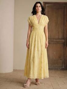 Anewsta Nuevo Vestido Elegante con Bordado Floral de Primavera/Verano - Amarillo - Ver 1