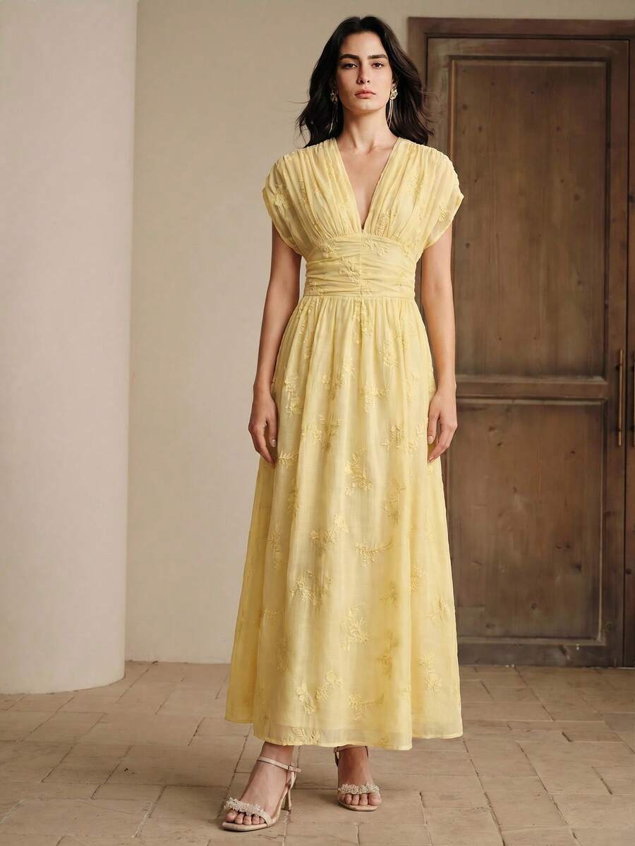Anewsta Nuevo Vestido Elegante con Bordado Floral de Primavera/Verano - Amarillo - Ver 1