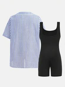 Girlism Bộ 2 món cho bé gái tuổi teen xuân/hè: áo khoác bóng chày dáng rộng phong cách retro in họa tiết, casual collegiate tối giản thoải mái và jumpsuit sát nách dệt kim màu đen trơn - Nhiều màu - Xem 5