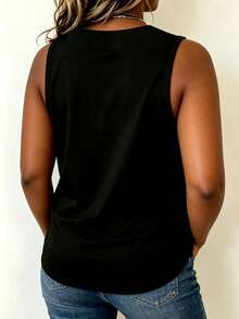 EMERY ROSE Plus Size Women Summer Casual Vacation Commute New Colorblock Denim Effect Print Loose Tank Top - Black - View 2