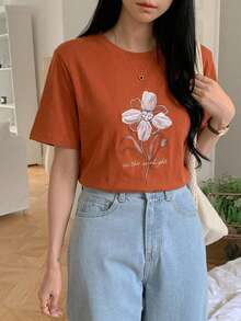 DAZY 夏季新款海灘度假女孩風格 寬鬆休閒印花女款 T-shirt 圖案短袖上衣 - 橘色 - 查看 2