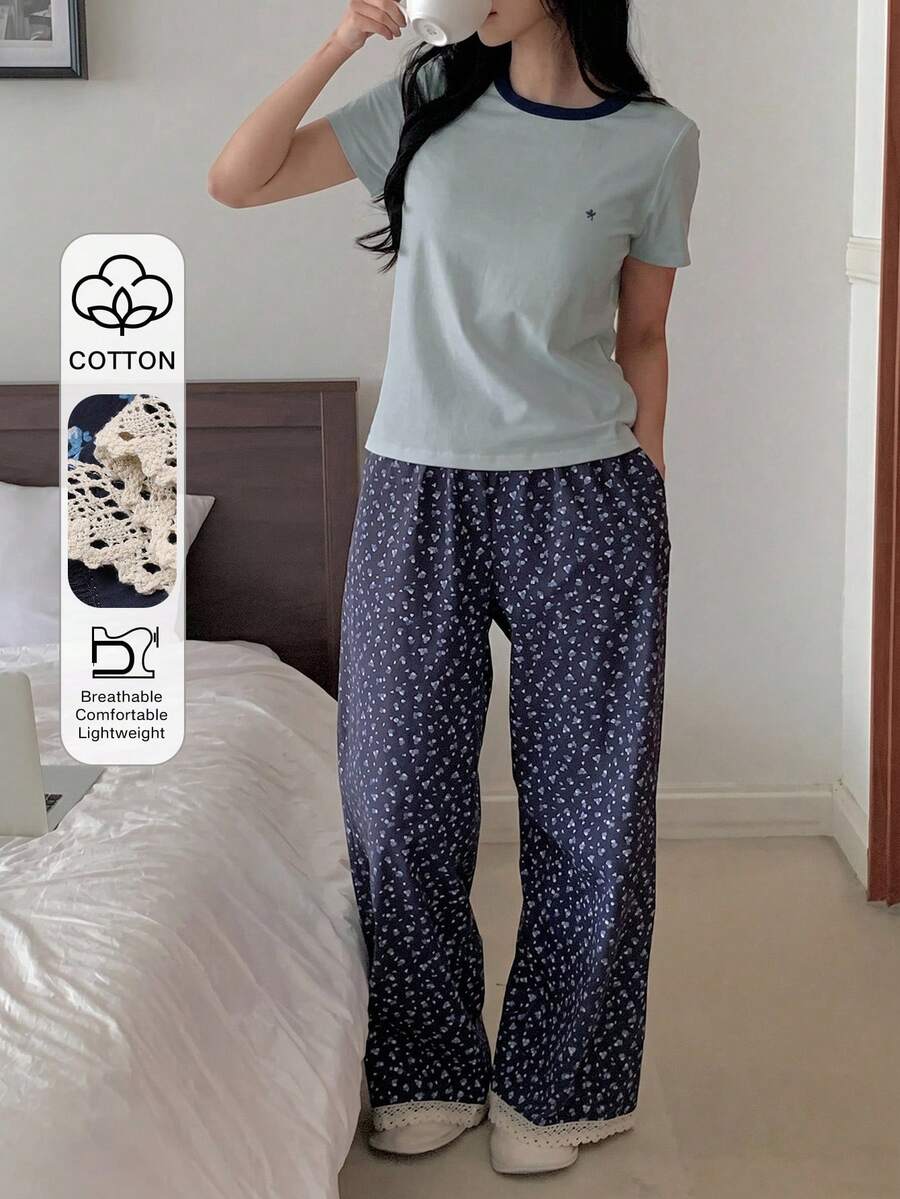 DAZY 两件套女士夏季碎花直筒长睡裤和撞色短袖露脐T恤睡衣套装 - 淺藍色 - 查看 1