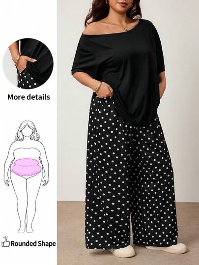 Enliva Conjunto de dos piezas de pantalón ancho de pierna ancha con lunares de talla grande y top negro holgado para mujer, conjunto casual de verano cómodo